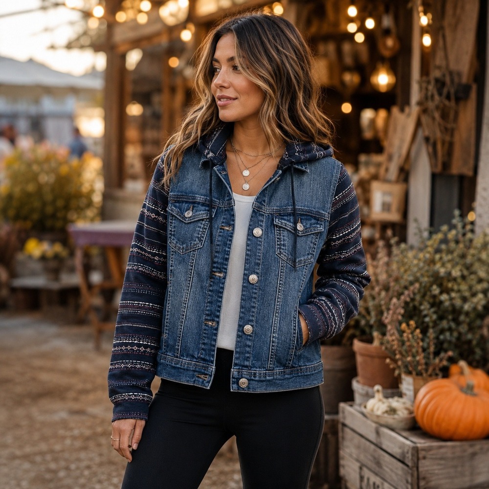 Wallflower Dreamer Fit Denim Jacket Hoodie Small Boho Aztec Layered Western